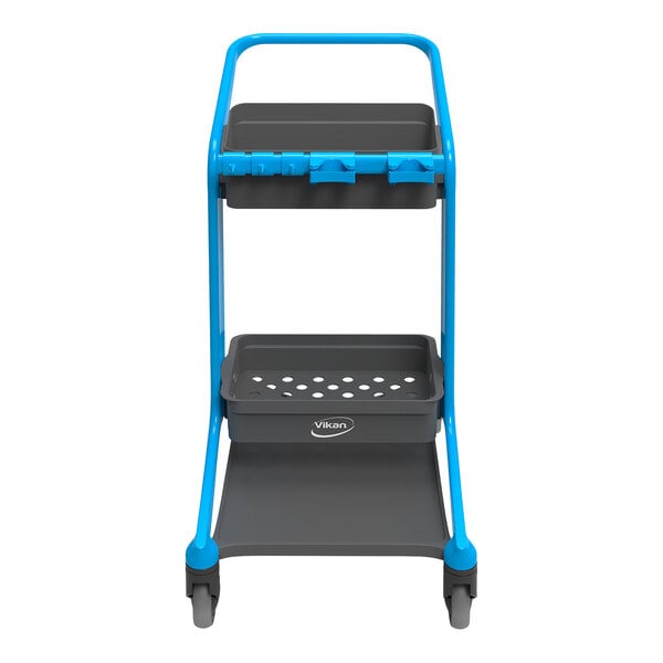 A blue and grey Vikan HyGo mobile cleaning station with two drawers.