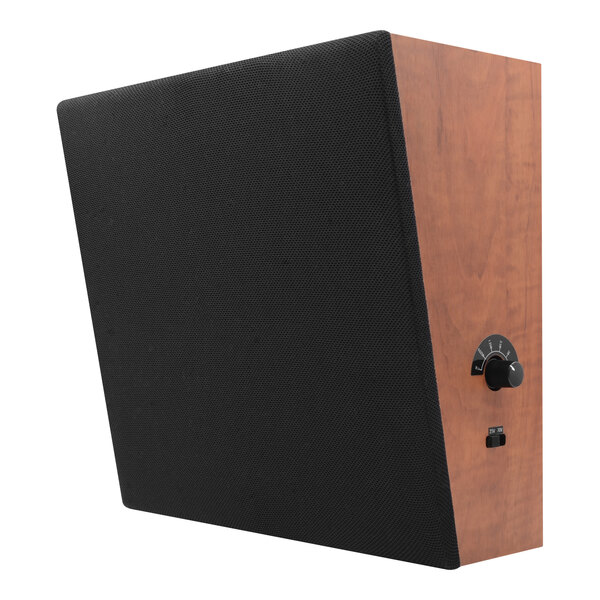 A black and wood wall-mounted speaker with a knob.