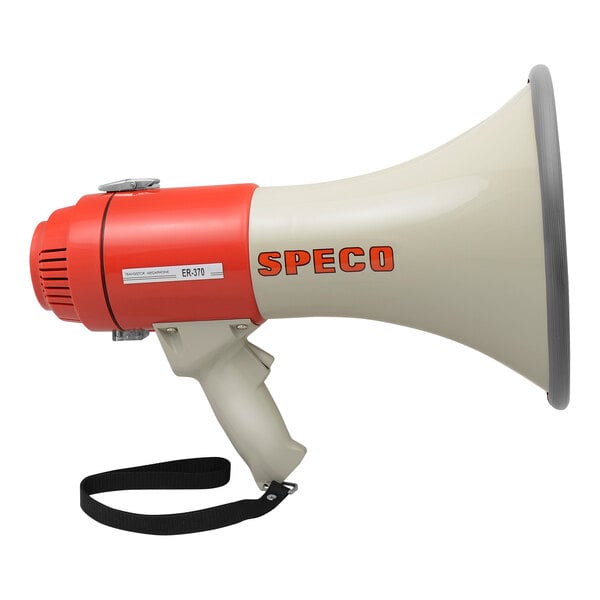 A white and red Speco Technologies battery-operated megaphone.