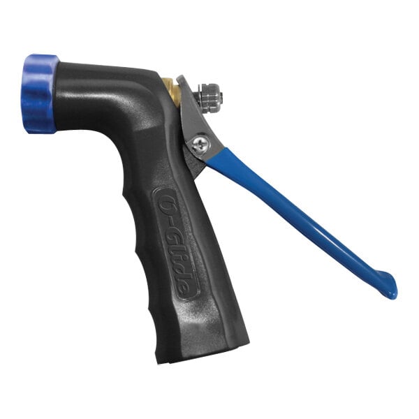 A Sani-Lav black and blue spray nozzle with a stainless steel handle and threaded tip.