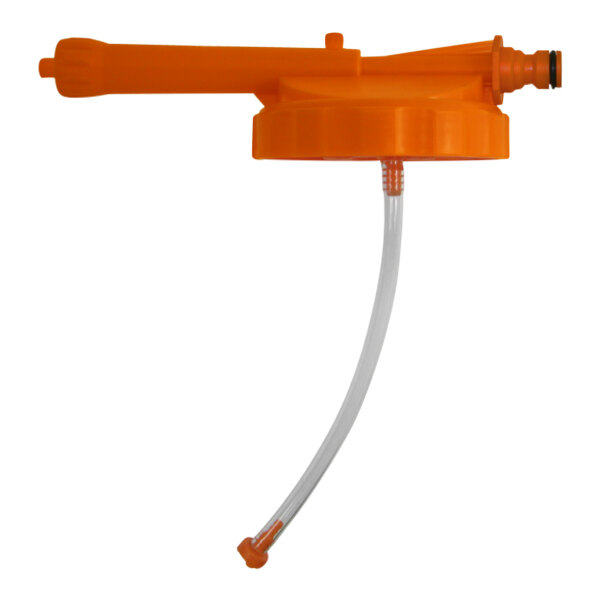 A Sani-Lav orange plastic sanitizer lid with a hose attached.