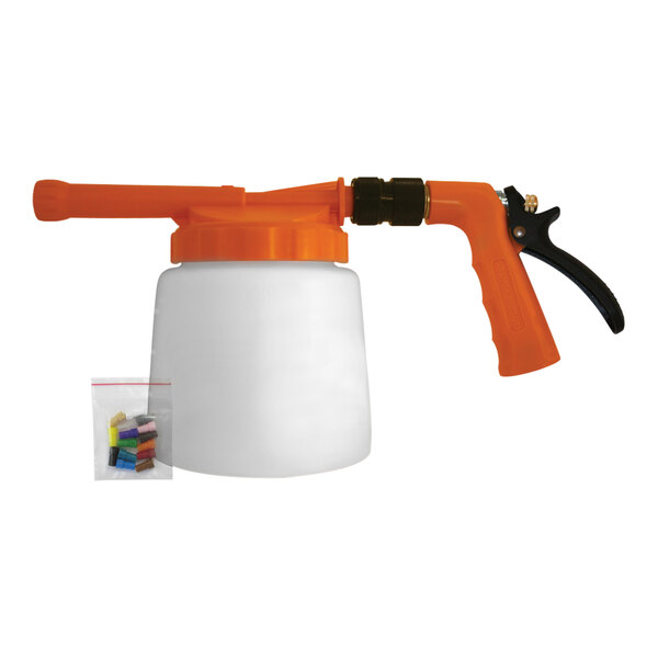 A Sani-Lav industrial spray sanitizer with a white and orange handheld hose end spray gun.