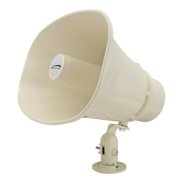 A khaki Speco Technologies outdoor PA horn speaker on a stand.