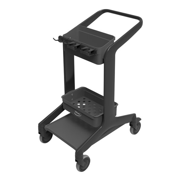 A black Vikan HyGo mobile cleaning station cart with wheels and two baskets on a shelf.