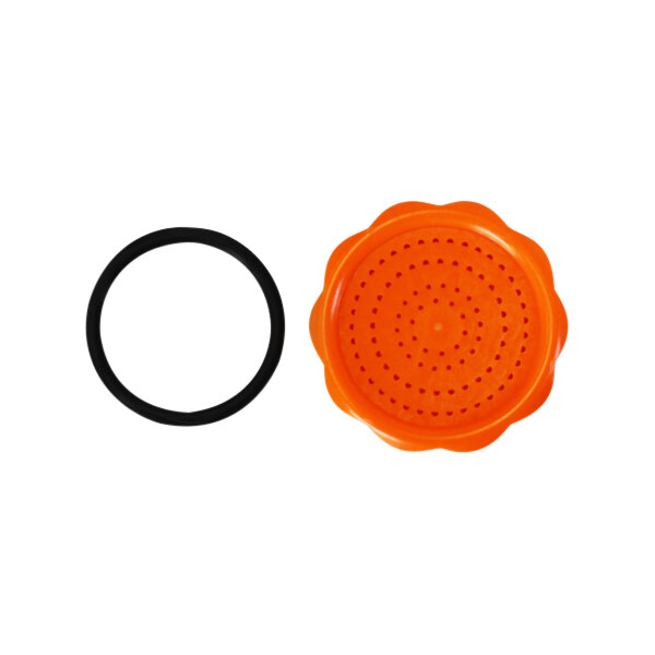 An orange plastic Sani-Lav spray tip with a black rubber ring.