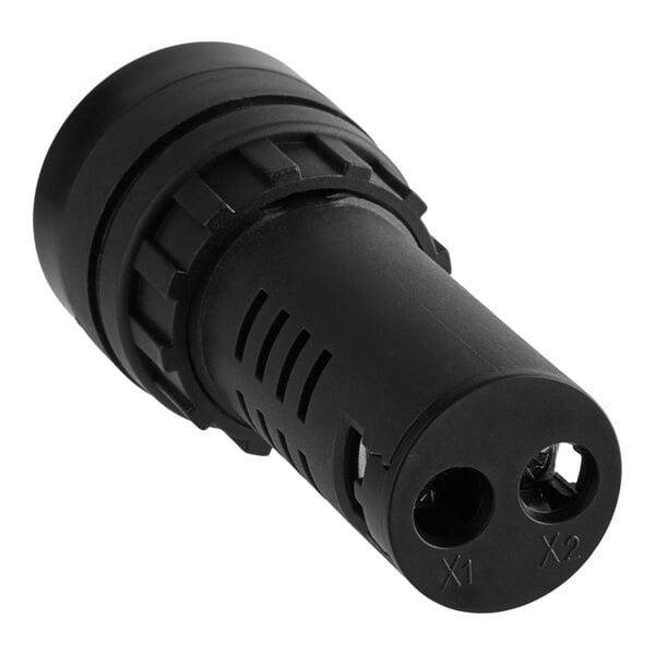 A black plastic Cooking Performance Group buzzer connector with two holes.