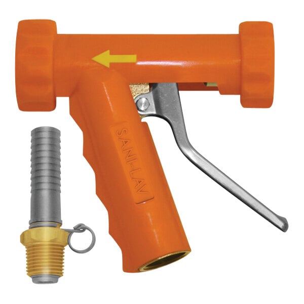 An orange Sani-Lav brass spray nozzle with a stainless steel handle and swivel hose adapter.