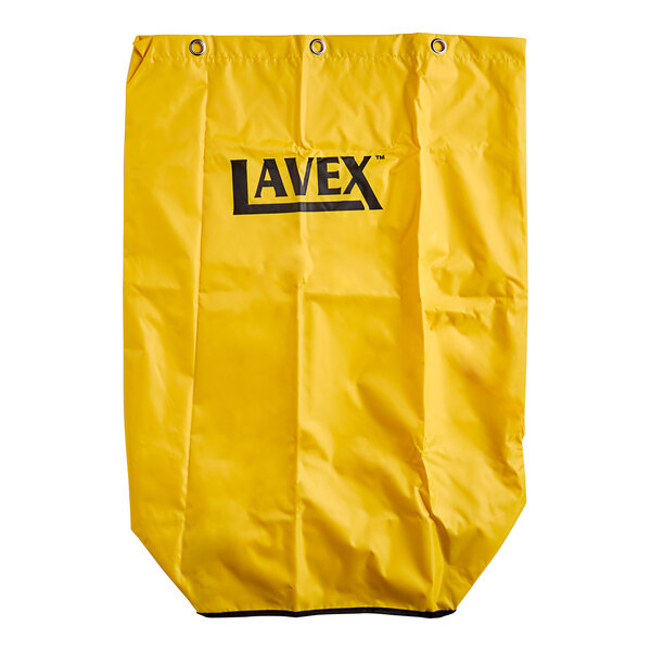 A yellow vinyl bag with black text that says "Lavex"
