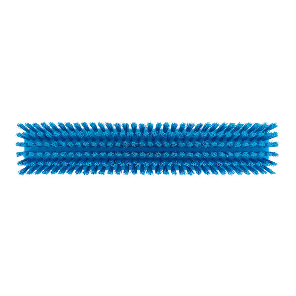 A blue Vikan push broom head with soft and stiff bristles.