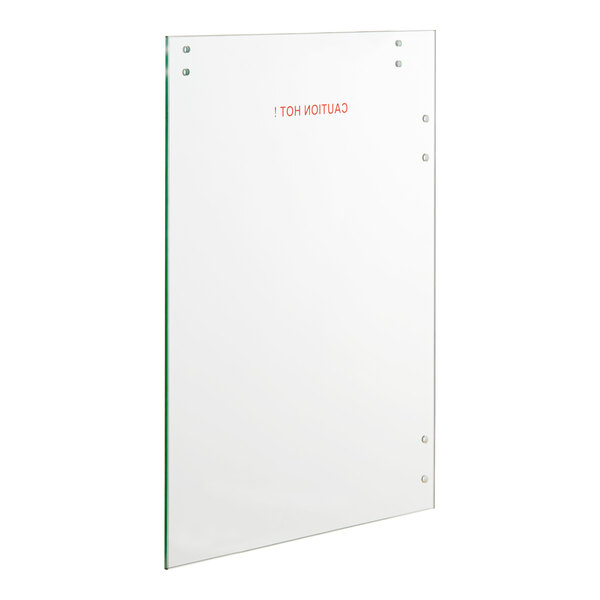 A Cooking Performance Group glass door with a caution sticker on it.