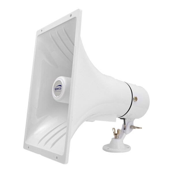 A white Speco Technologies outdoor PA horn speaker with a metal base.