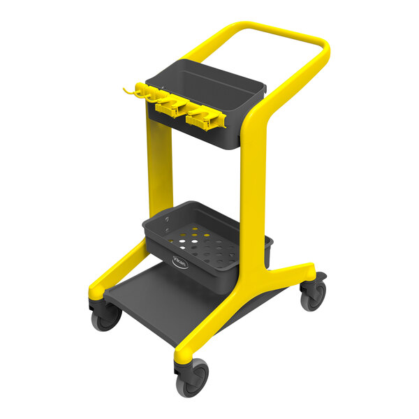 A yellow and black Vikan mobile cleaning cart with shelves.