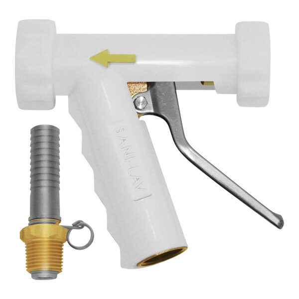A white brass and stainless steel Sani-Lav industrial spray nozzle with a swivel hose adapter.