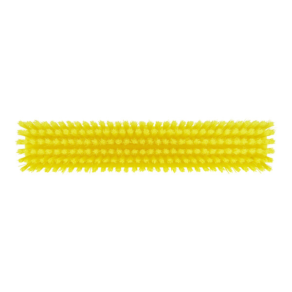 A yellow Vikan heavy-duty push broom head with soft and stiff bristles.