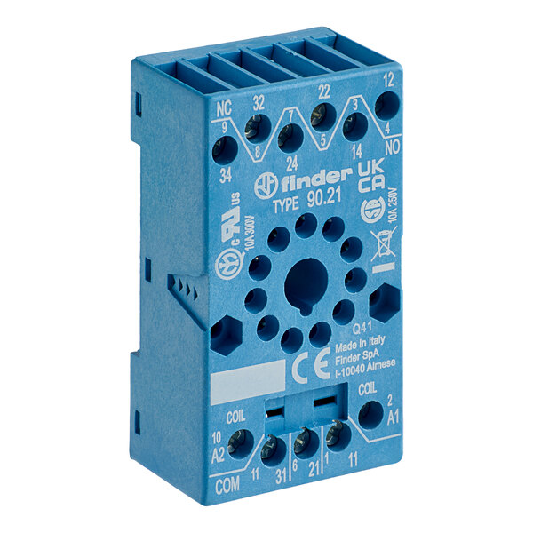 A blue Cooking Performance Group 11-pin relay base with two holes on the side.
