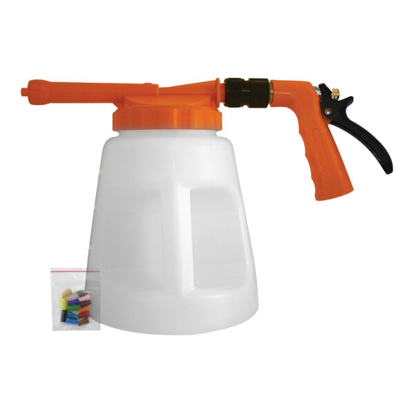 A Sani-Lav industrial sprayer with a white jug and black lid.