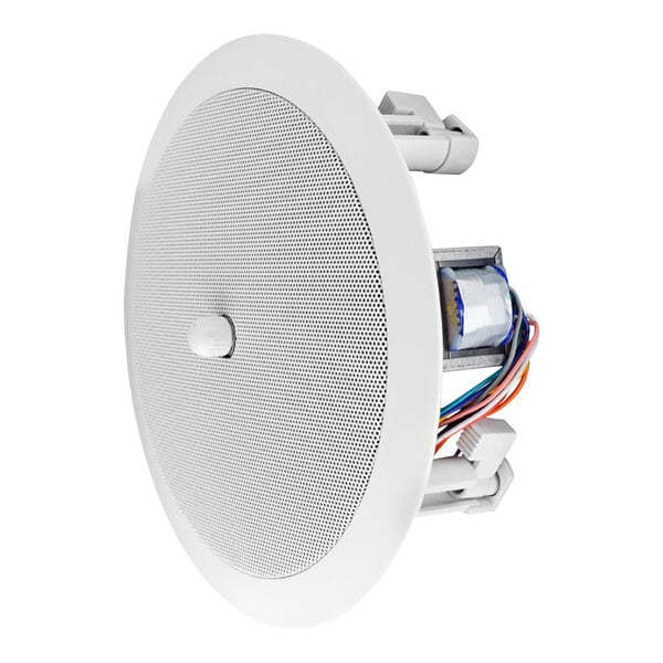 A white round ceiling speaker with wires and a volume control button.