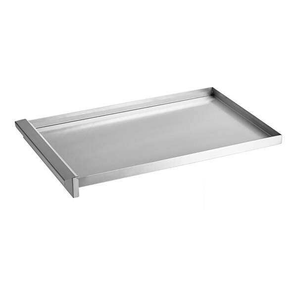A stainless steel Cooking Performance Group Fat Tray with a handle.