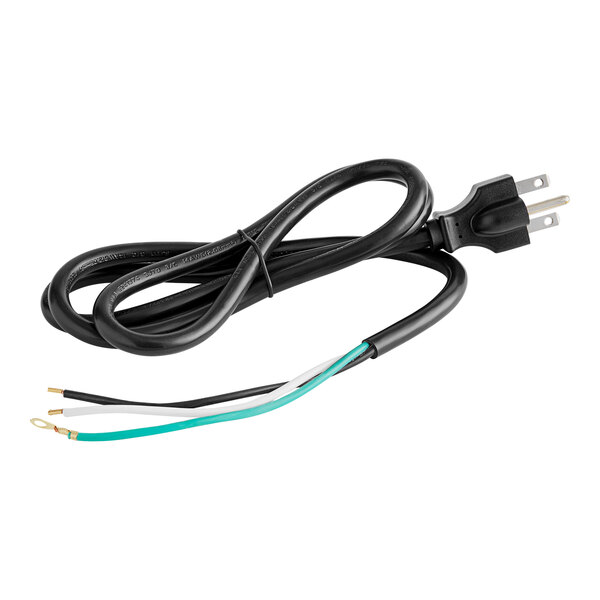 A black electrical cord with white and green wires.