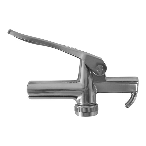 A close-up of a silver Sani-Lav stainless steel injection valve with a handle.
