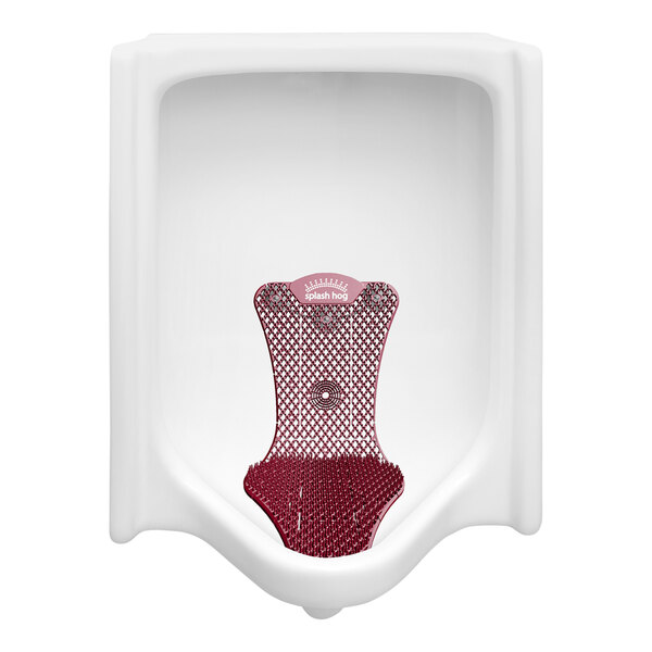 A close-up of a WizKid Splash Hog urinal screen with a red and white design.