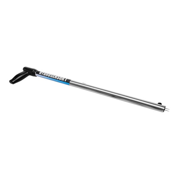A metal pole with a blue handle on the end.