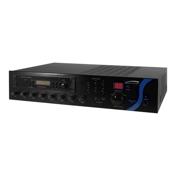 A black Speco Technologies PA mixer amplifier with knobs and dials.