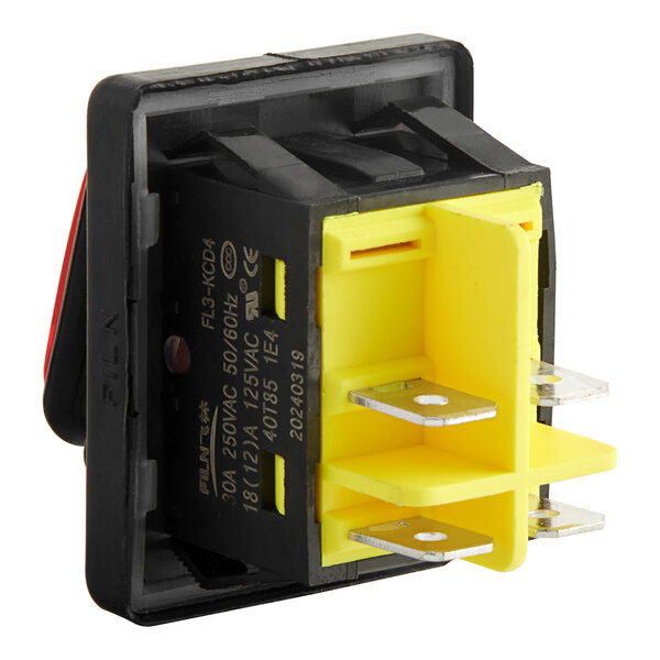 A black and yellow Cooking Performance Group illuminated rocker switch with a red light.
