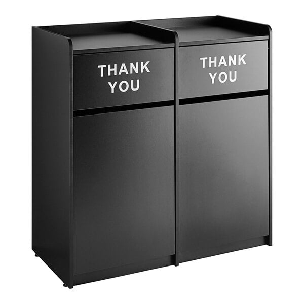 A black rectangular Lancaster Table & Seating double waste receptacle with "THANK YOU" swing doors.