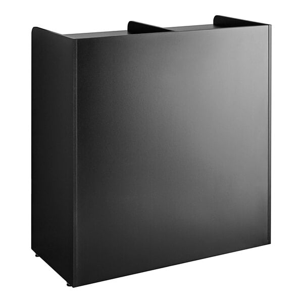 A black rectangular Lancaster Table & Seating double waste receptacle with "THANK YOU" swing doors.