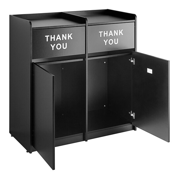 A black rectangular Lancaster Table & Seating waste receptacle with "THANK YOU" swing doors open.