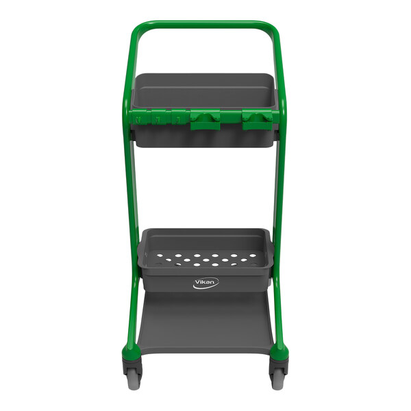 A green and grey Vikan HyGo mobile cleaning station with a shelf and two baskets.