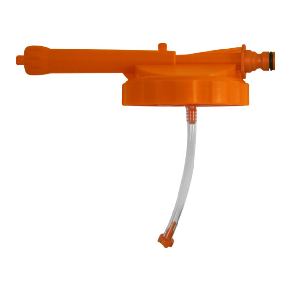 An orange plastic sanitizer lid with hose connector and black rubber rings.