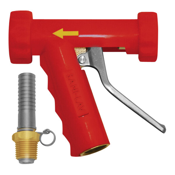 A Sani-Lav red brass spray nozzle with a stainless steel handle and swivel hose adapter.