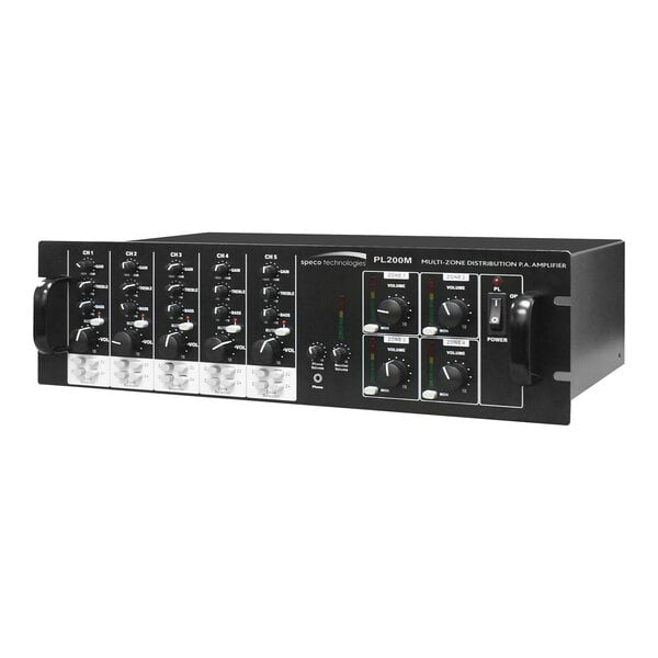 A black and white Speco Technologies PA amplifier with knobs and switches.