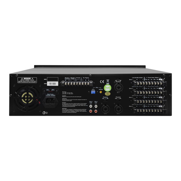 The back of a black Speco Technologies 5-Source 4-Zone PA Amplifier.