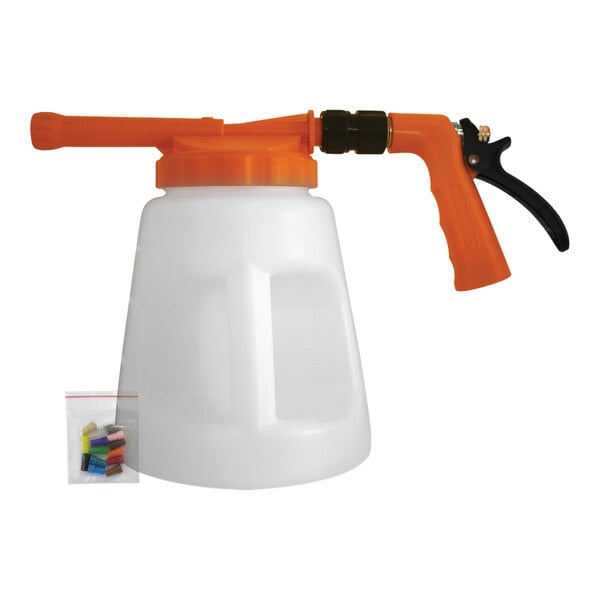 A white Sani-Lav industrial sprayer with a red lid and plastic bag of 14 tips.