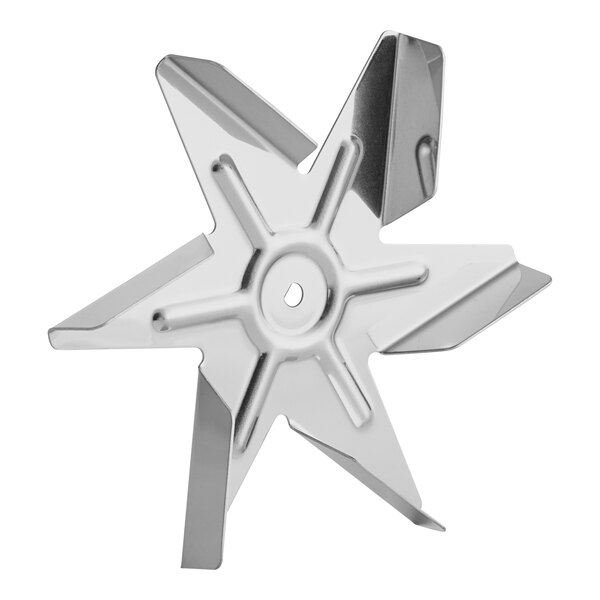 A silver metal star-shaped fan impeller.