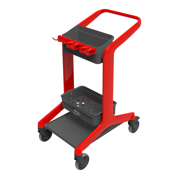 A red and black Vikan HyGo mobile cleaning cart with a shelf and two baskets.