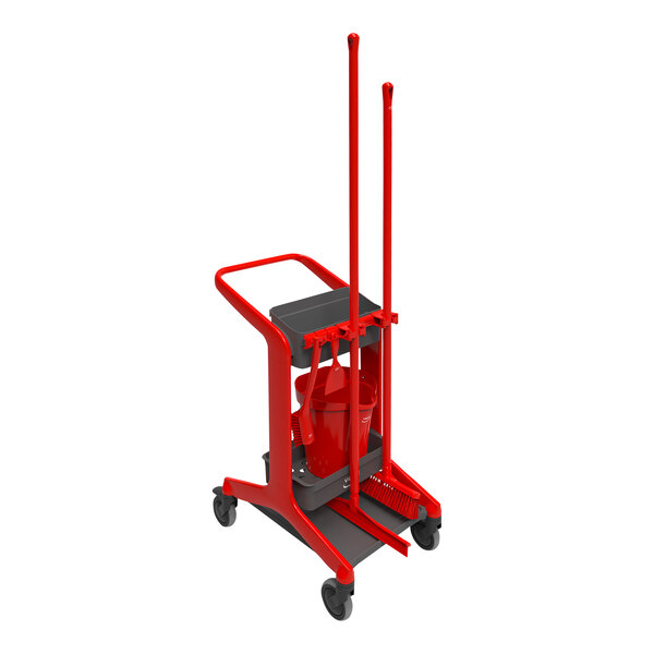 A red Vikan HyGo mobile cleaning station with black accents.