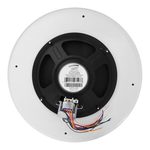 A round white Speco Technologies in-ceiling speaker with wires.