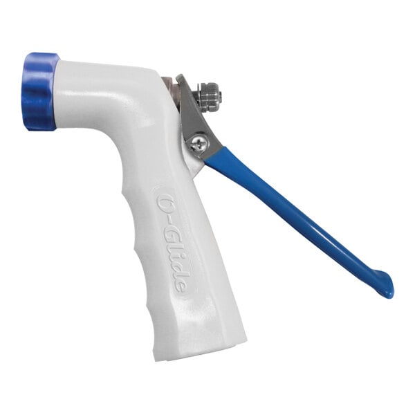 A close-up of a Sani-Lav white and blue stainless steel spray nozzle with a blue Santoprene grip.