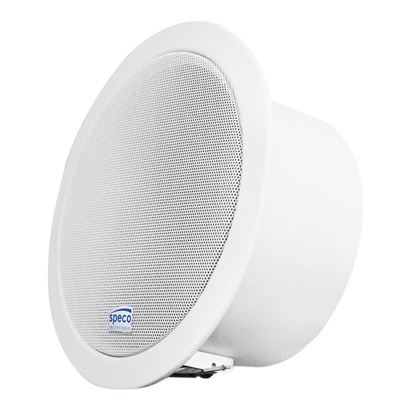 A white speaker with a round white surface.