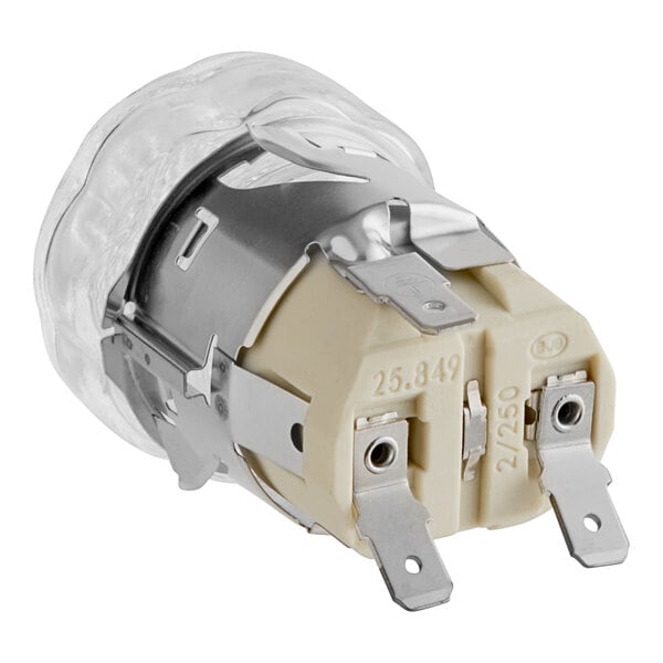 A close up of a Cooking Performance Group halogen cavity lamp for a rotisserie oven.