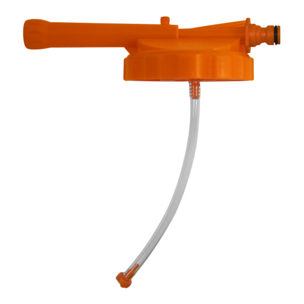 An orange plastic water pump with a plastic tube attached and a yellow spray gun.