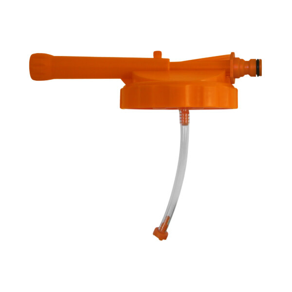 An orange plastic water pump lid with hose attachment.