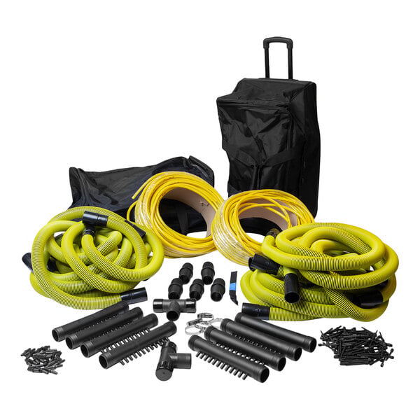 A black bag with a yellow hoses and tools inside.