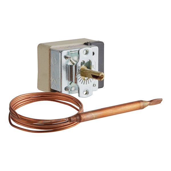A close-up of the Cooking Performance 30-110 Degree Cooking Thermostat with a copper wire.