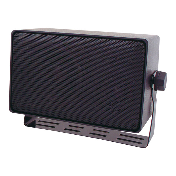 A close-up of a black Speco Technologies 3-way outdoor speaker with holes in the metal surface.