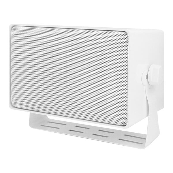 A white Speco Technologies outdoor speaker with holes in it.